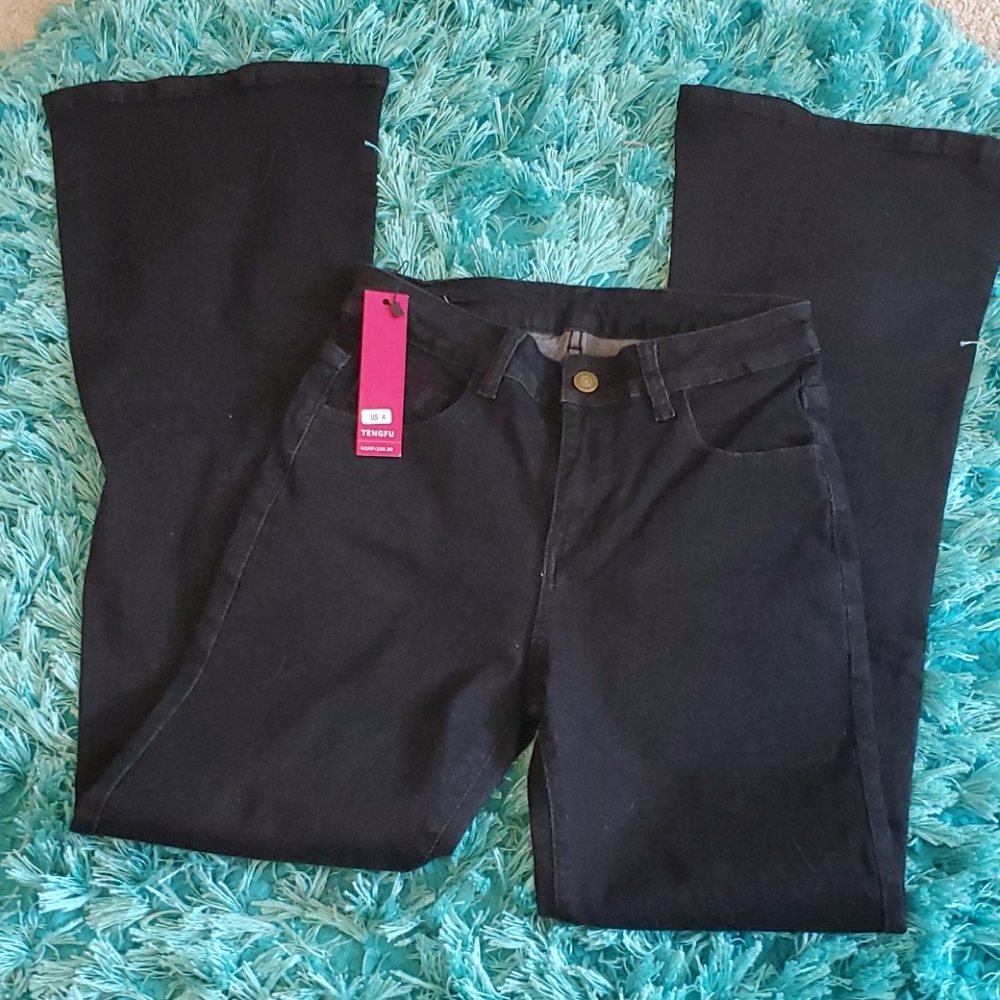 ladies sz 4 black flare tengfu denim jeans nwt